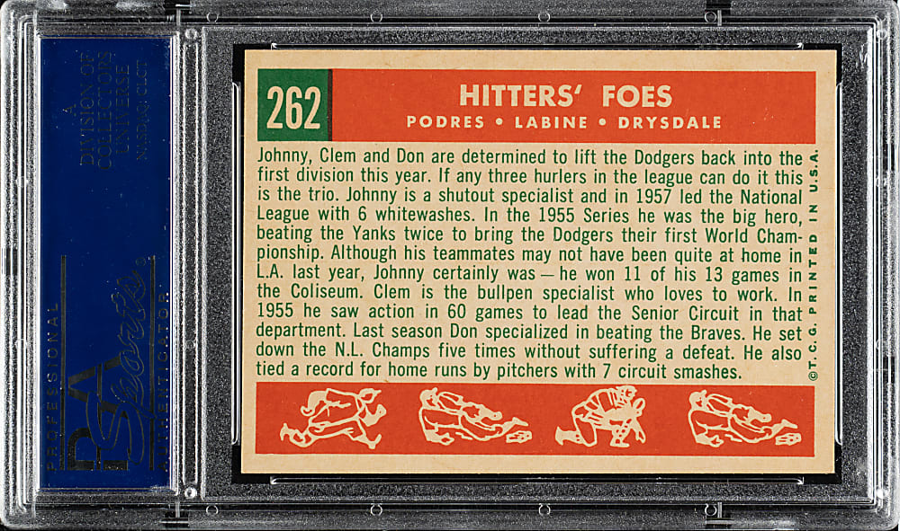 1959 Topps #262 Hitters' Foes with Johnny Podres, Clem Labine and Don Drysdale PSA NM-MT 8