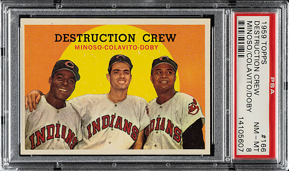 1959 Topps #166 Minnie Minoso/Rocky Colavito/Larry Doby PSA NM-MT 8