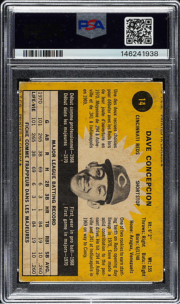 Signed 1971 O-Pee-Chee #14 Dave Concepcion Rookie PSA/DNA GEM MINT 10