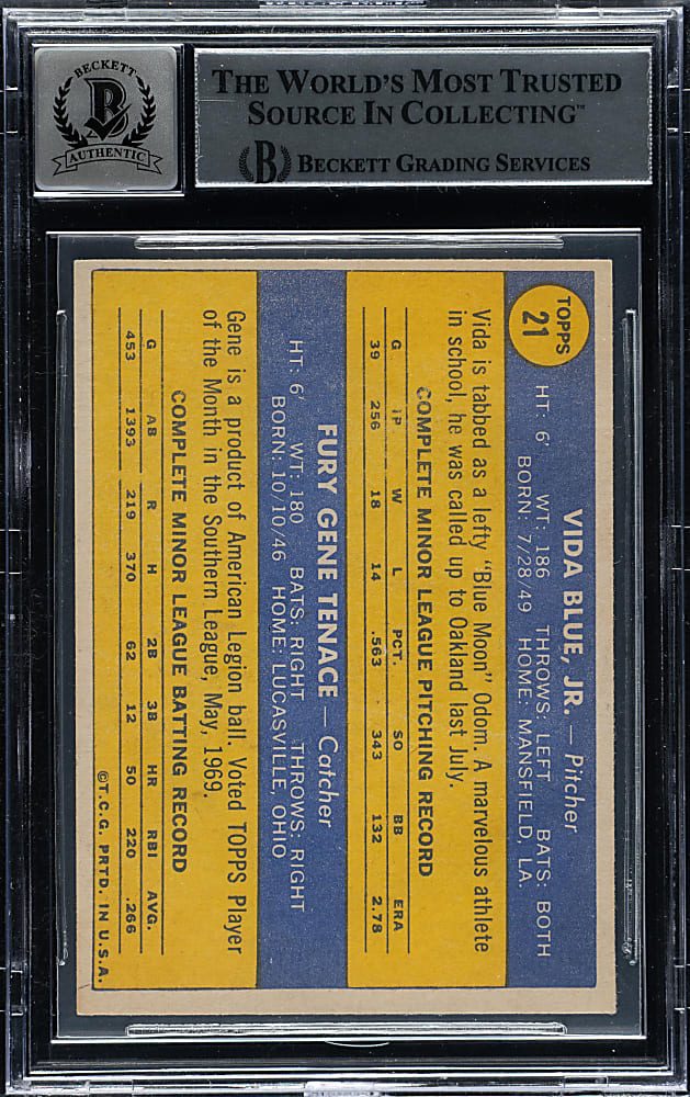 Signed 1970 Topps #21 Vida Blue/Gene Tenace Beckett GEM MINT 10