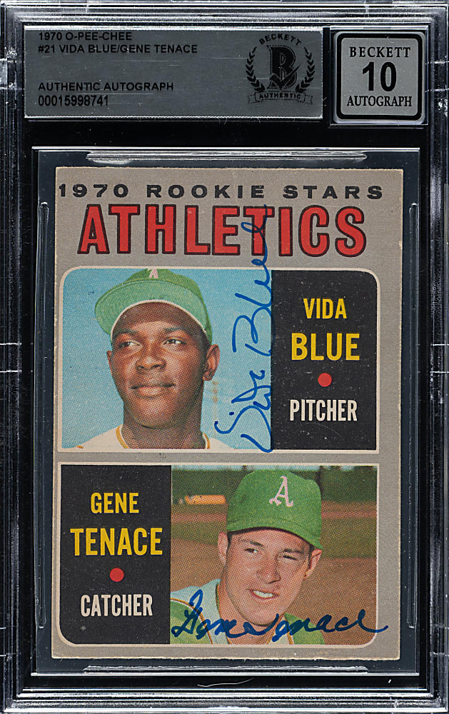 Signed 1970 O-Pee-Chee #21 Vida Blue/Gene Tenace Beckett GEM MINT 10