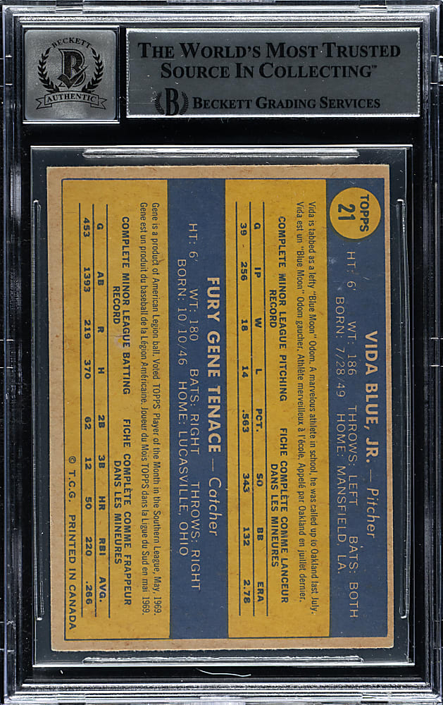 Signed 1970 O-Pee-Chee #21 Vida Blue/Gene Tenace Beckett GEM MINT 10