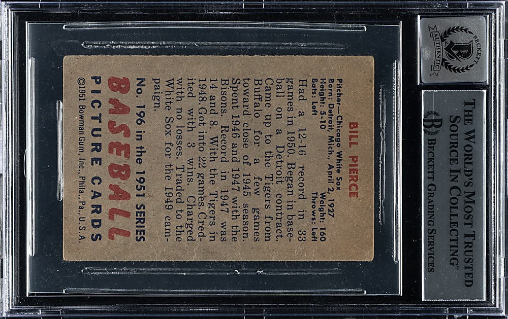 Signed 1951 Bowman #196 Bill Pierce Beckett GEM MINT 10