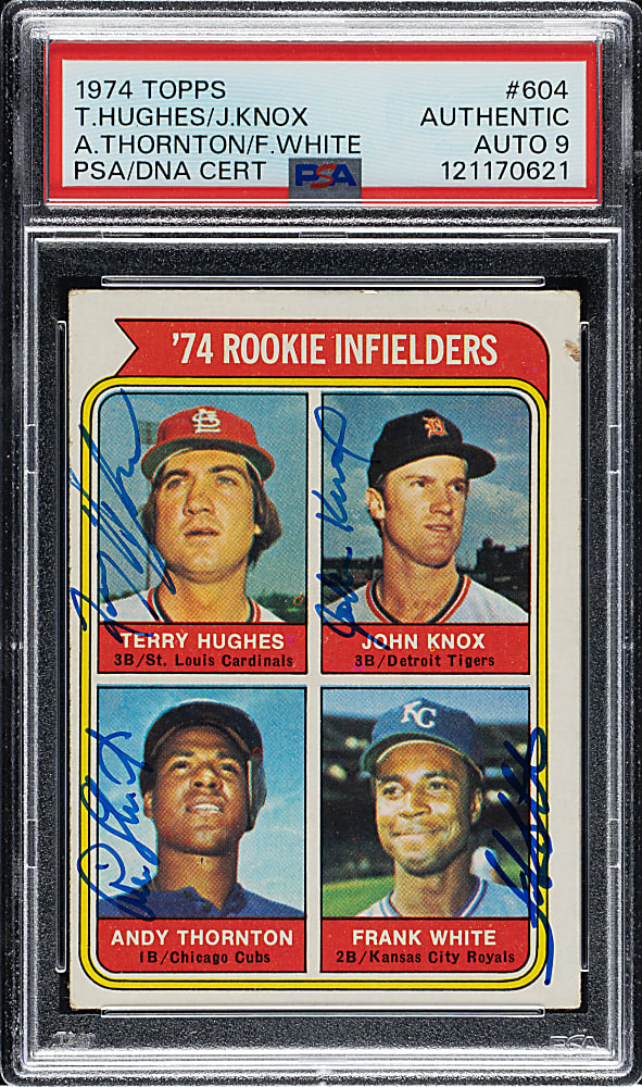 Signed 1974 Topps #604 Terry Hughes/John Knox/Andy Thornton/Frank White PSA/DNA MINT 9
