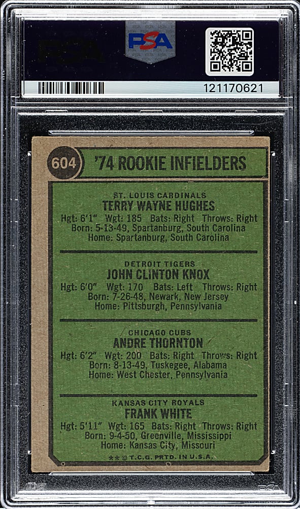 Signed 1974 Topps #604 Terry Hughes/John Knox/Andy Thornton/Frank White PSA/DNA MINT 9