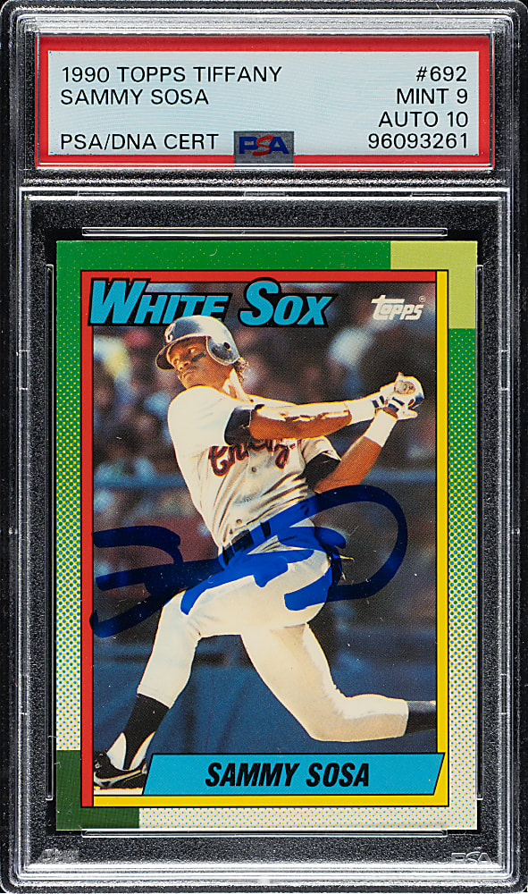 Signed 1990 Topps Tiffany #692 Sammy Sosa Rookie PSA MINT 9 with GEM MINT 10 Signature