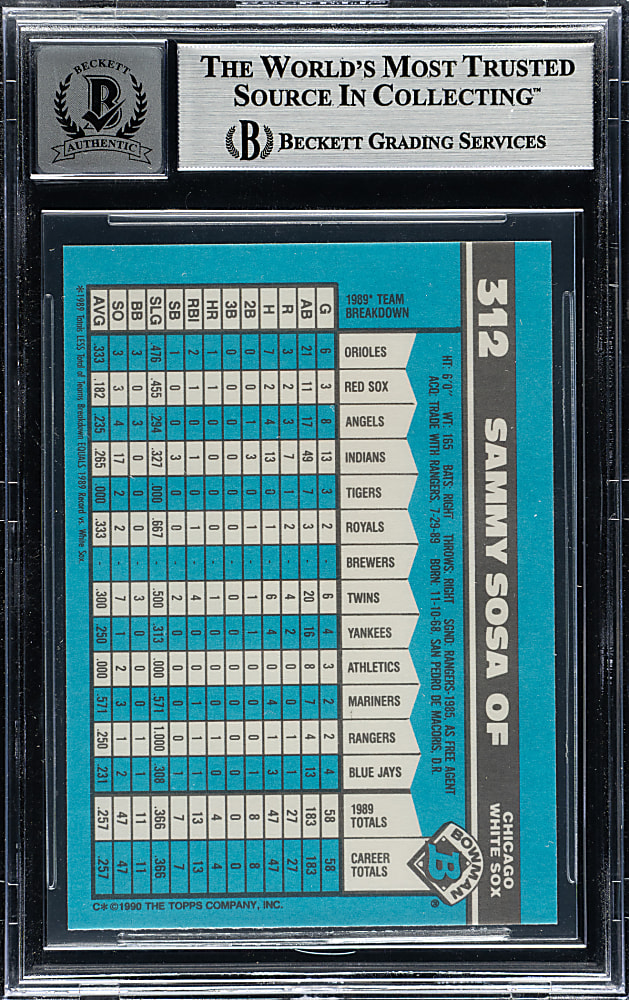 Signed 1990 Bowman Tiffany #312 Sammy Sosa Rookie Beckett GEM MINT 10