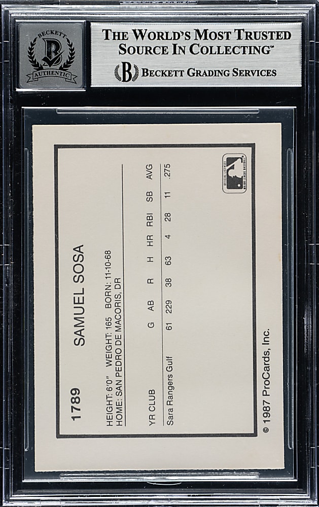 Signed 1987 Procards #1789 Sammy Sosa Beckett GEM MINT 10 - Pre-Rookie!