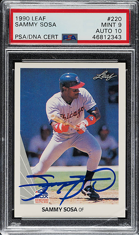 Signed 1990 Leaf #220 Sammy Sosa Rookie PSA MINT 9 with GEM MINT 10 Signature