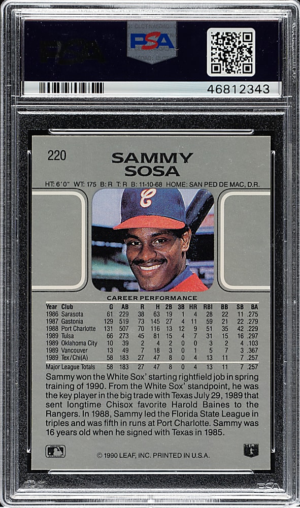 Signed 1990 Leaf #220 Sammy Sosa Rookie PSA MINT 9 with GEM MINT 10 Signature