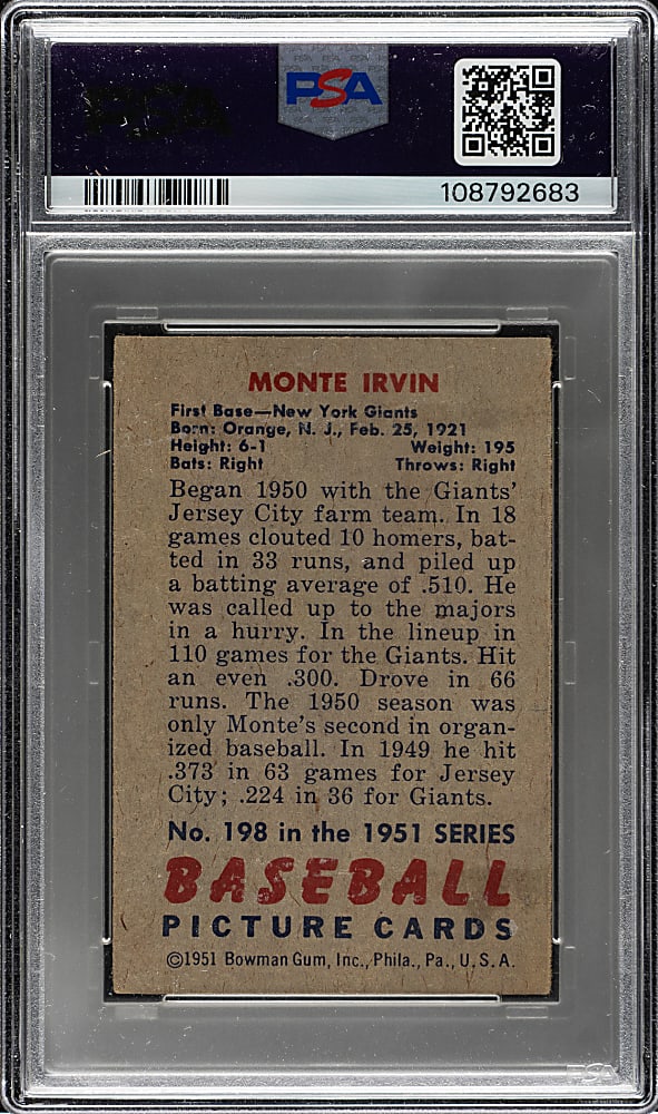 1951 Bowman #198 Monte Irvin Rookie PSA VG-EX 4
