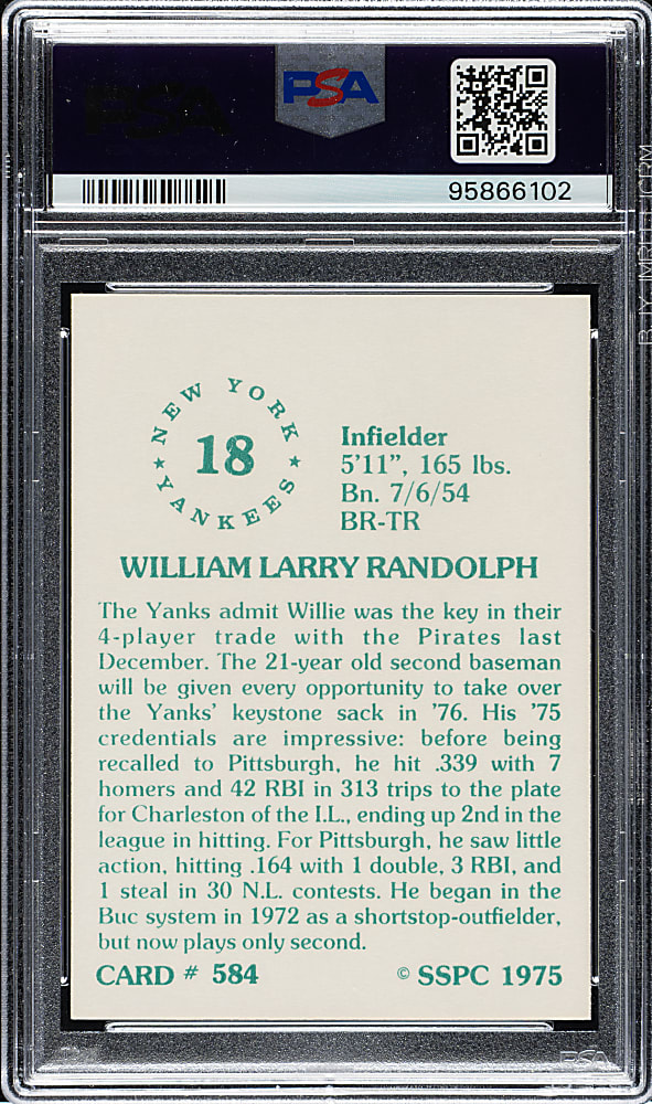 1975 SSPC #584 Willie Randolph PSA GEM MINT 10