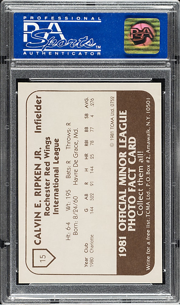 1981 TCMA Rochester Red Wings #15 Cal Ripken Jr. PSA MINT 9 - Pre-Rookie!