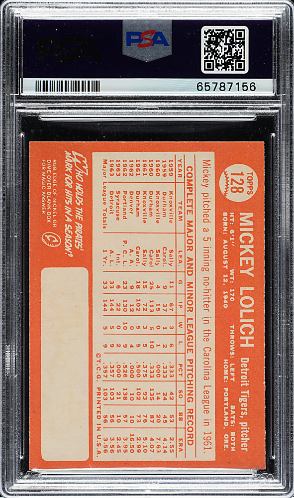 1964 Topps #128 Mickey Lolich PSA NM-MT 8