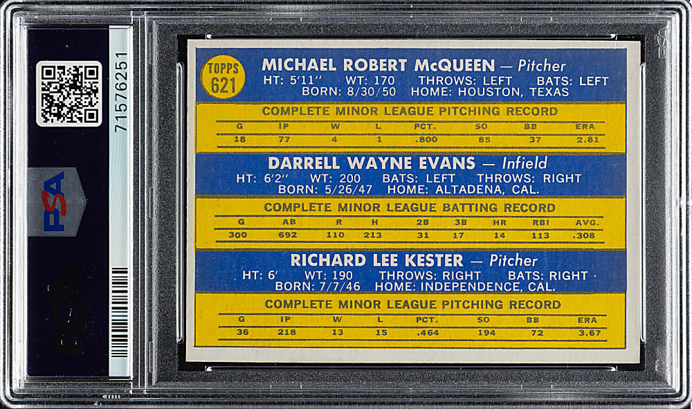 1970 Topps #621 McQueen/Evans/Kester Rookie PSA MINT 9