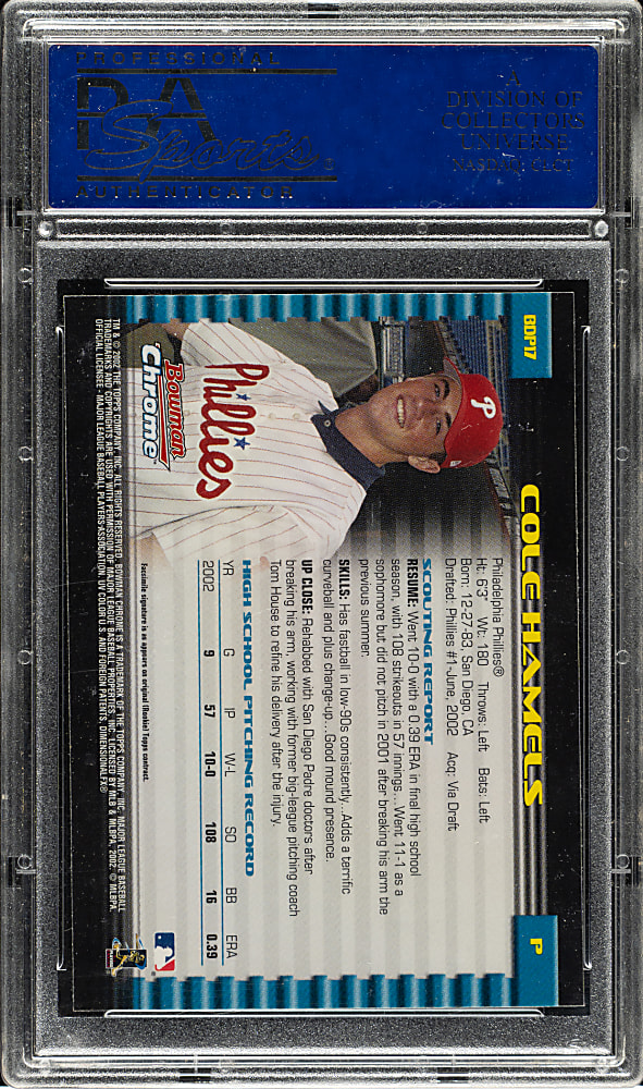 2002 Bowman Chrome Draft Picks #BDP17 Cole Hamels PSA MINT 9