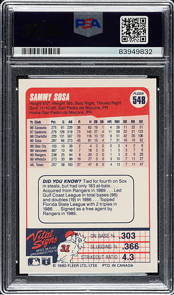 1990 Fleer Canadian #548 Sammy Sosa Rookie PSA GEM MINT 10