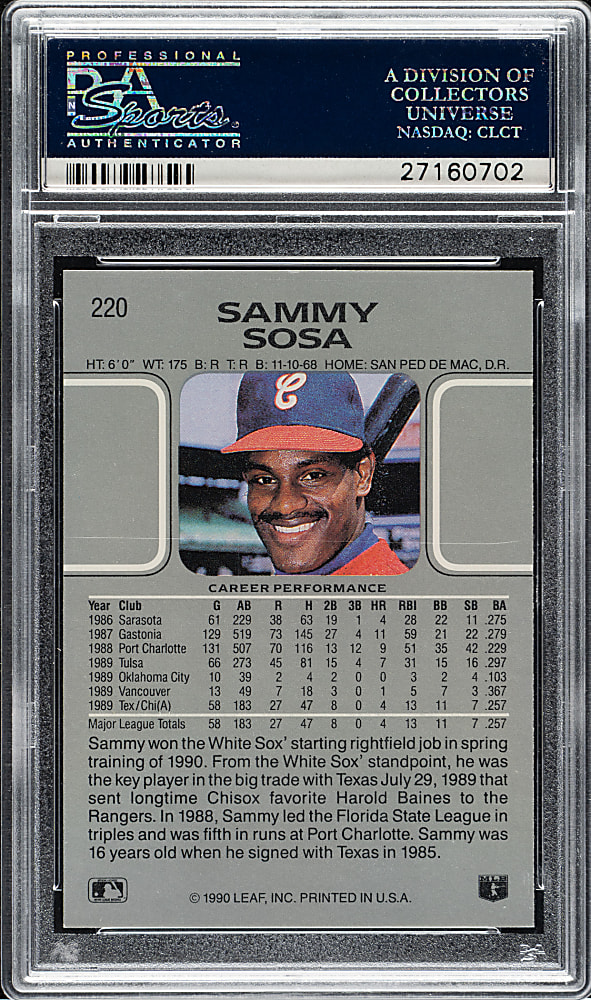 1990 Leaf #220 Sammy Sosa Rookie PSA GEM MINT 10