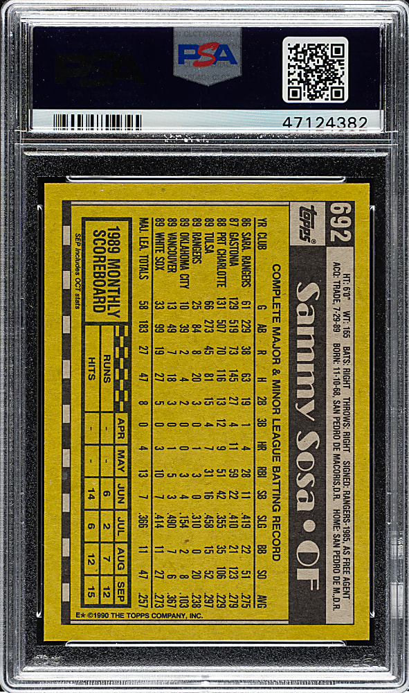 1990 Topps #692 Sammy Sosa Rookie PSA GEM MINT 10