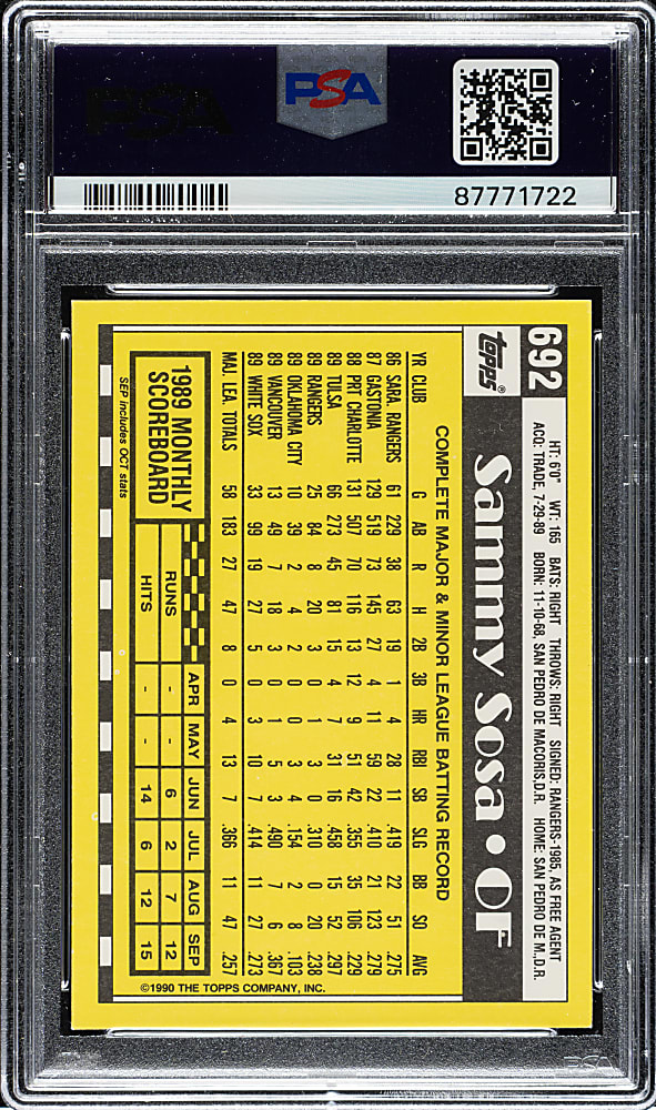 1990 Topps Tiffany #692 Sammy Sosa Rookie PSA GEM MINT 10