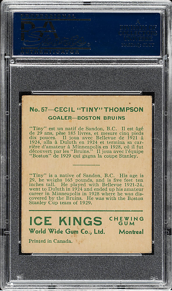 1933-1934 V357 World Wide Gum "Ice Kings" #57 Tiny Thompson PSA VG-EX 4