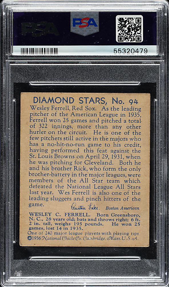 1934-1936 R327 Diamond Stars #94 Wes Ferrell PSA VG 3