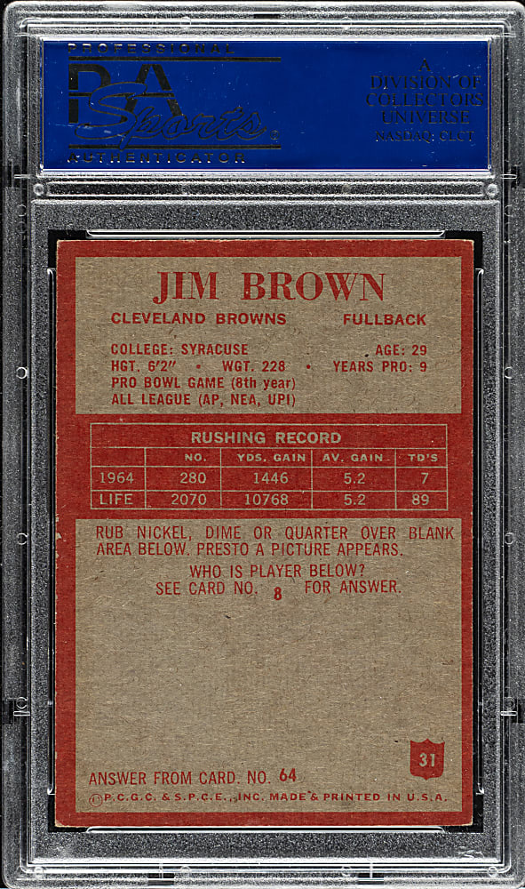 1965 Philadelphia Football #31 Jim Brown PSA EX-MT 6