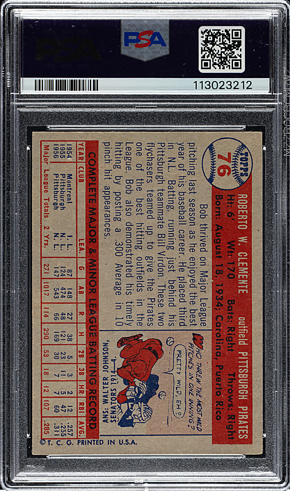 1957 Topps #76 Roberto Clemente PSA VG 3
