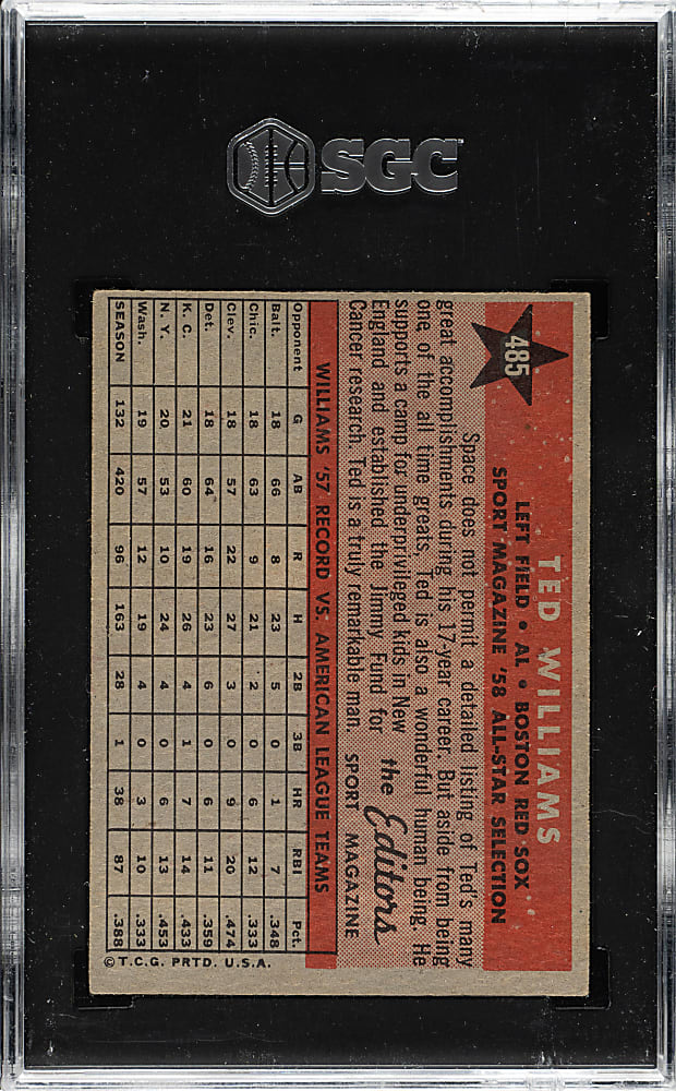 1958 Topps #485 Ted Williams All-Star SGC VG/EX 4