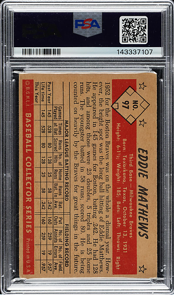 1953 Bowman Color #97 Eddie Mathews PSA VG 3