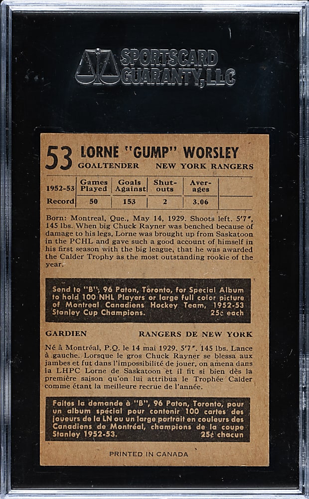 1953-1954 Parkhurst Hockey #53 Gump Worsley Rookie SGC NM 84