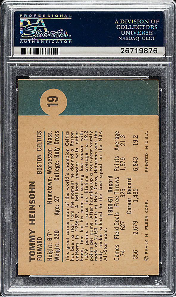 1961-1962 Fleer Basketball #19 Tommy Heinsohn PSA NM 7