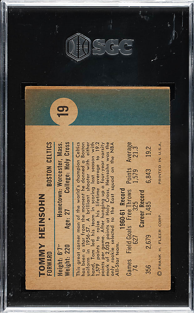 1961-1962 Fleer Basketball #19 Tommy Heinsohn SGC EX 5