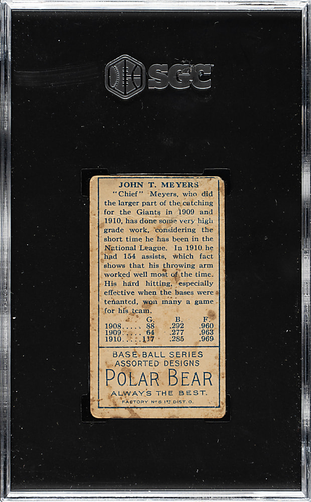 1911 T205 Gold Border Chief Meyers SGC POOR 1 - Polar Bear Back