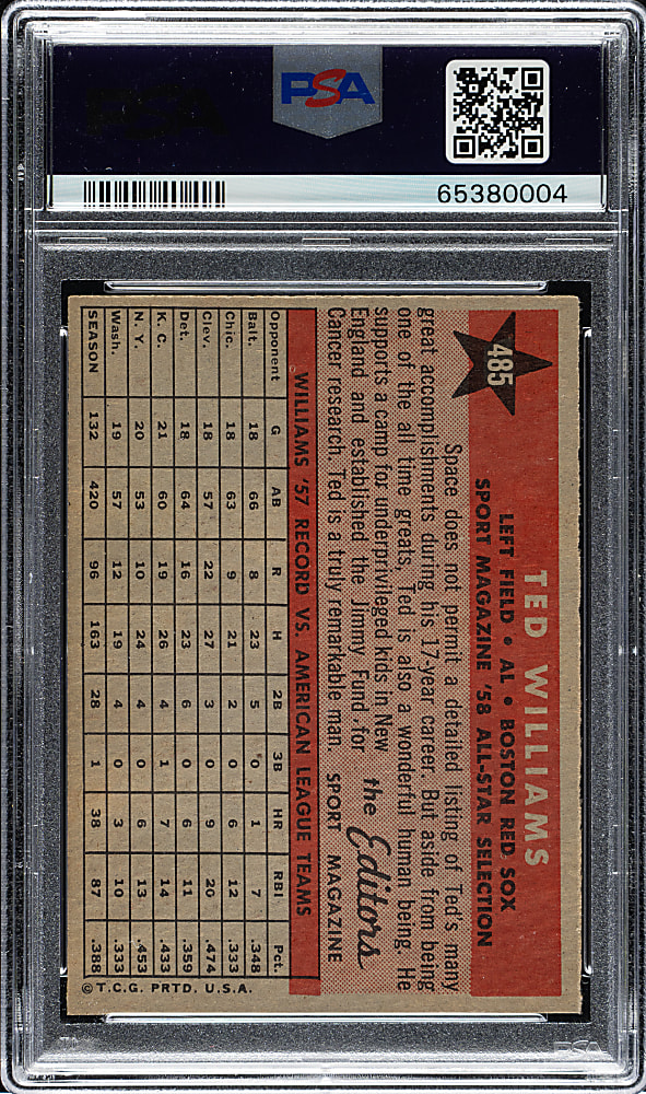 1958 Topps #485 Ted Williams All-Star PSA EX-MT 6
