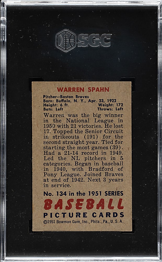 1951 Bowman #134 Warren Spahn SGC VG/EX 4
