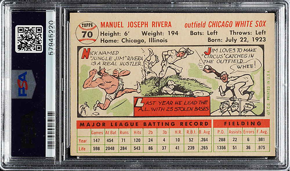1956 Topps #70 Jim Rivera White Back PSA NM-MT 8