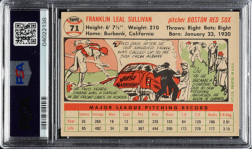 1956 Topps #71 Frank Sullivan White Back PSA NM-MT 8
