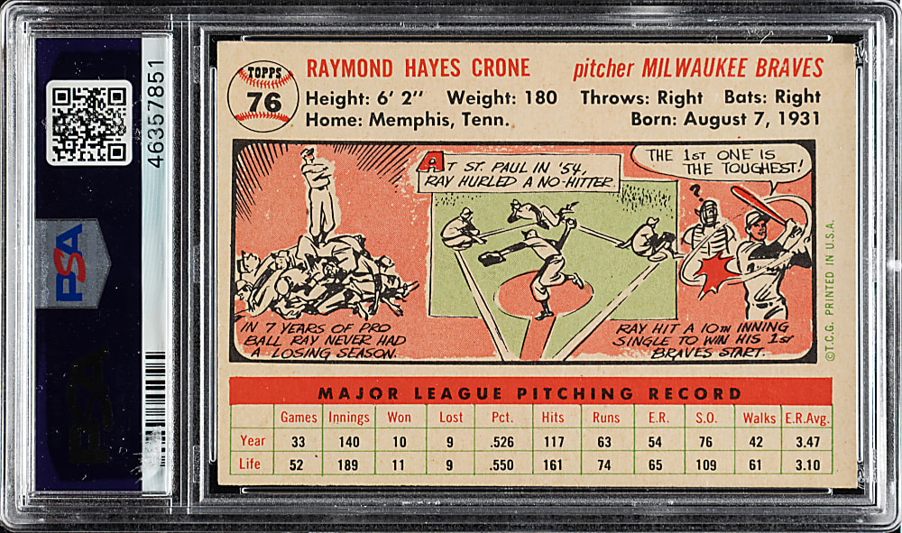 1956 Topps #76 Ray Crone White Back PSA NM-MT 8