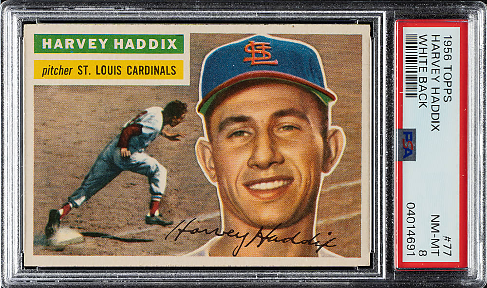 1956 Topps #77 Harvey Haddix White Back PSA NM-MT 8
