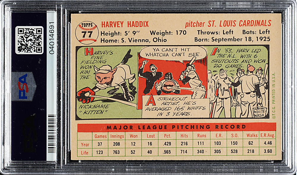 1956 Topps #77 Harvey Haddix White Back PSA NM-MT 8