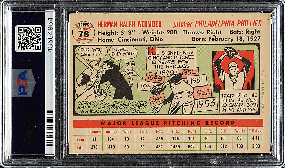 1956 Topps #78 Herman Wehmeier White Back PSA NM-MT 8