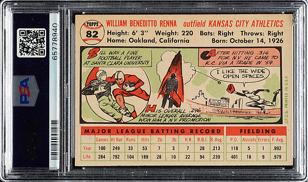 1956 Topps #82 Bill Renna White Back PSA NM-MT 8