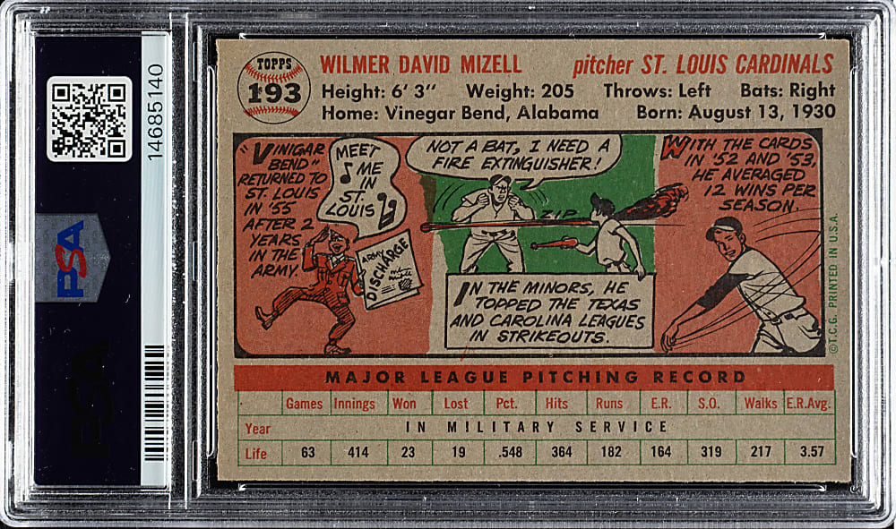 1956 Topps #193 Wilmer Mizell PSA NM-MT 8