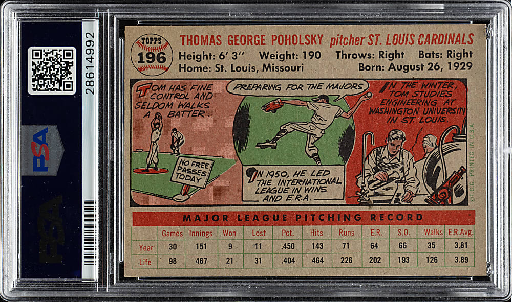1956 Topps #196 Tom Poholsky PSA NM-MT 8