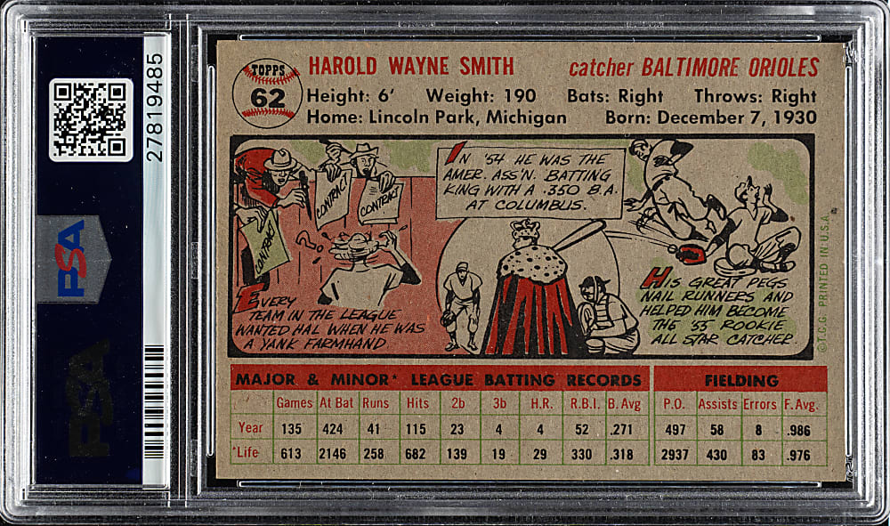1956 Topps #62 Hal Smith Gray Back PSA NM-MT 8