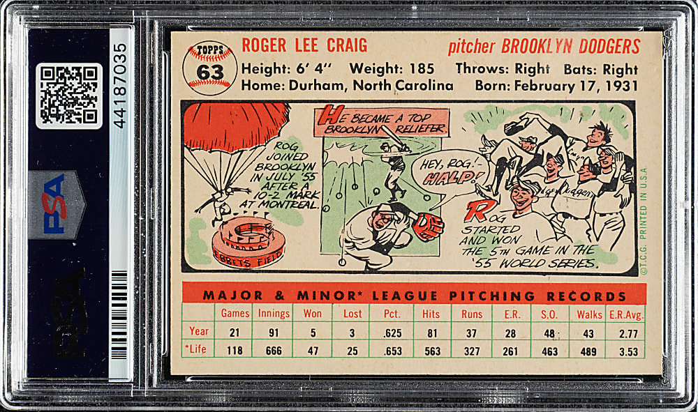 1956 Topps #63 Roger Craig White Back PSA NM-MT 8