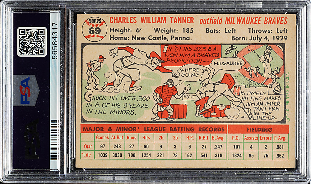 1956 Topps #69 Chuck Tanner White Back PSA NM-MT 8