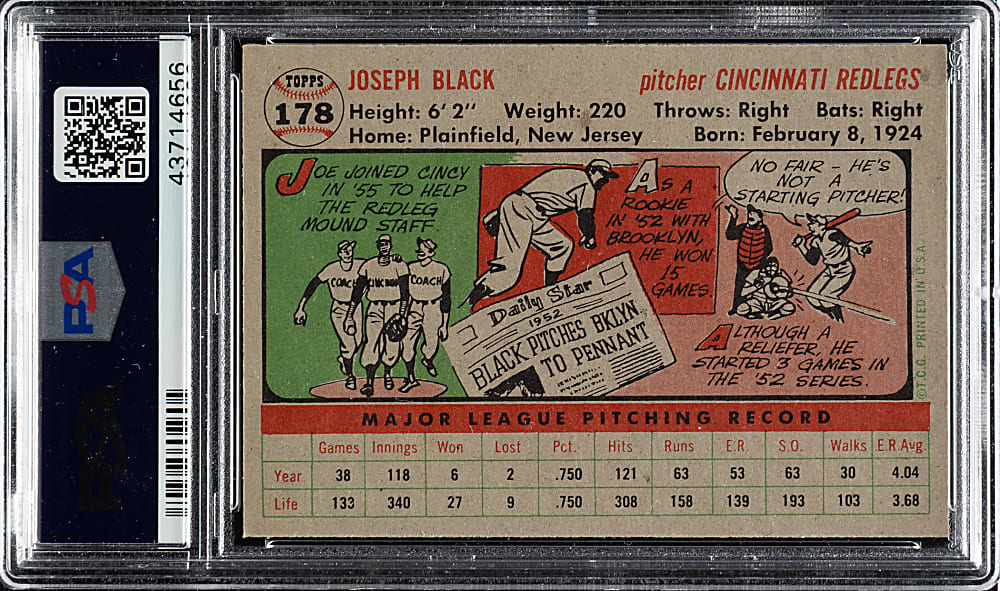 1956 Topps #178 Joe Black Gray Back PSA NM-MT 8