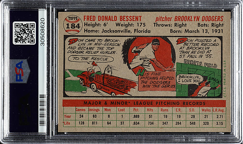 1956 Topps #184 Don Bessent PSA NM-MT 8